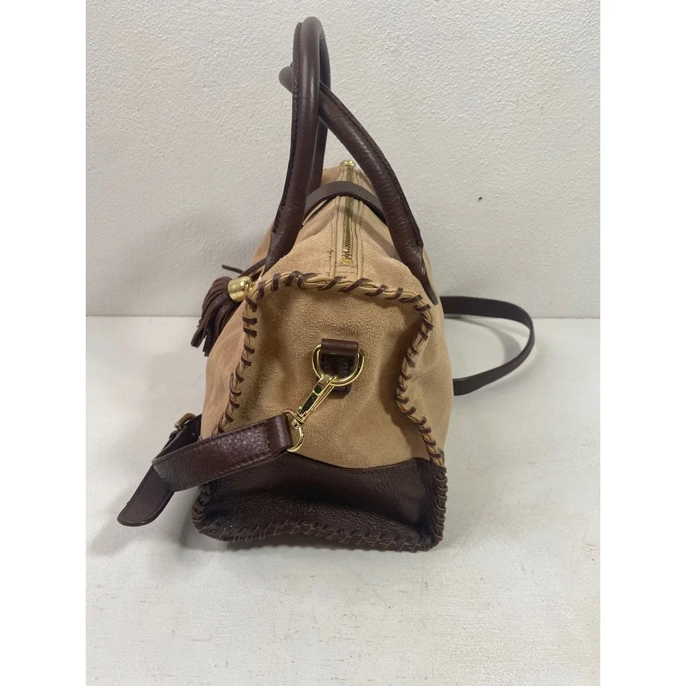 Talbots Tan Suede Brown Leather Whipstitch Tassel Satchel Crossbody Bag Purse